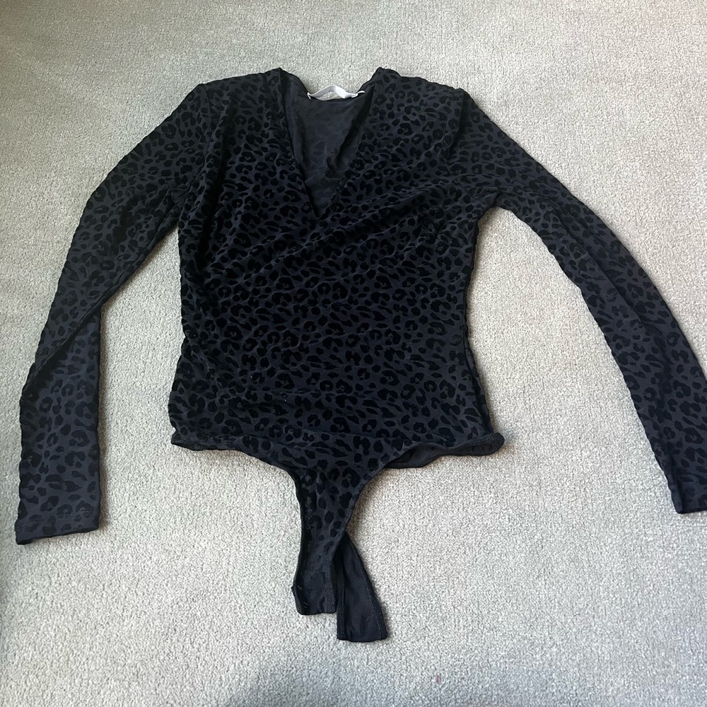 ASTR The Label Black Suede Leopard Print Bodysuit - Size Small